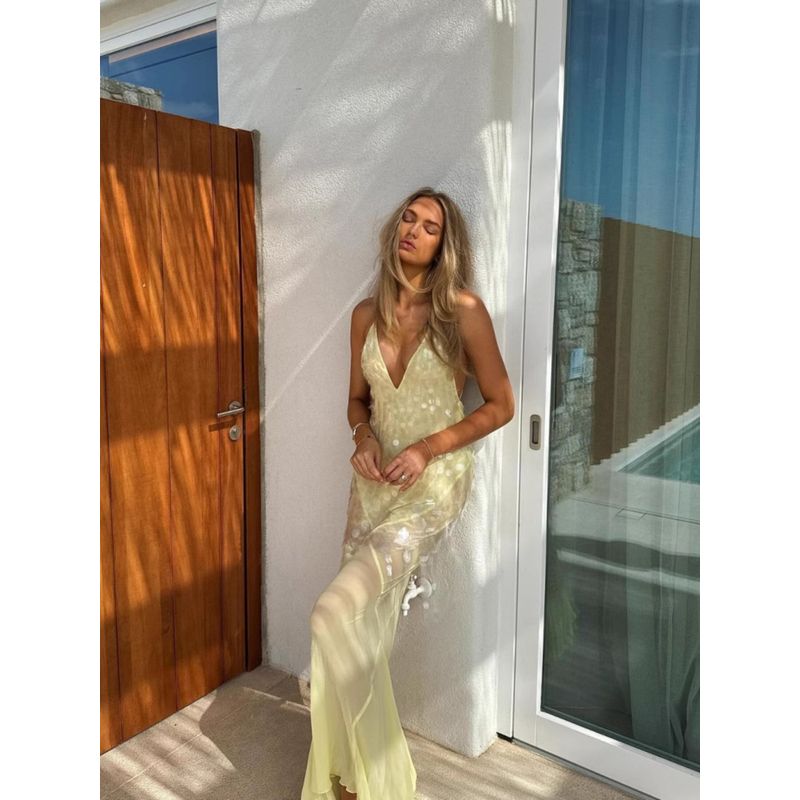 European and American Women Clothes V-neck Sexy Sling Backless Slim Fit Sequin Fishtail Formal Dress Beach Seaside Photography Yellow Long Dress