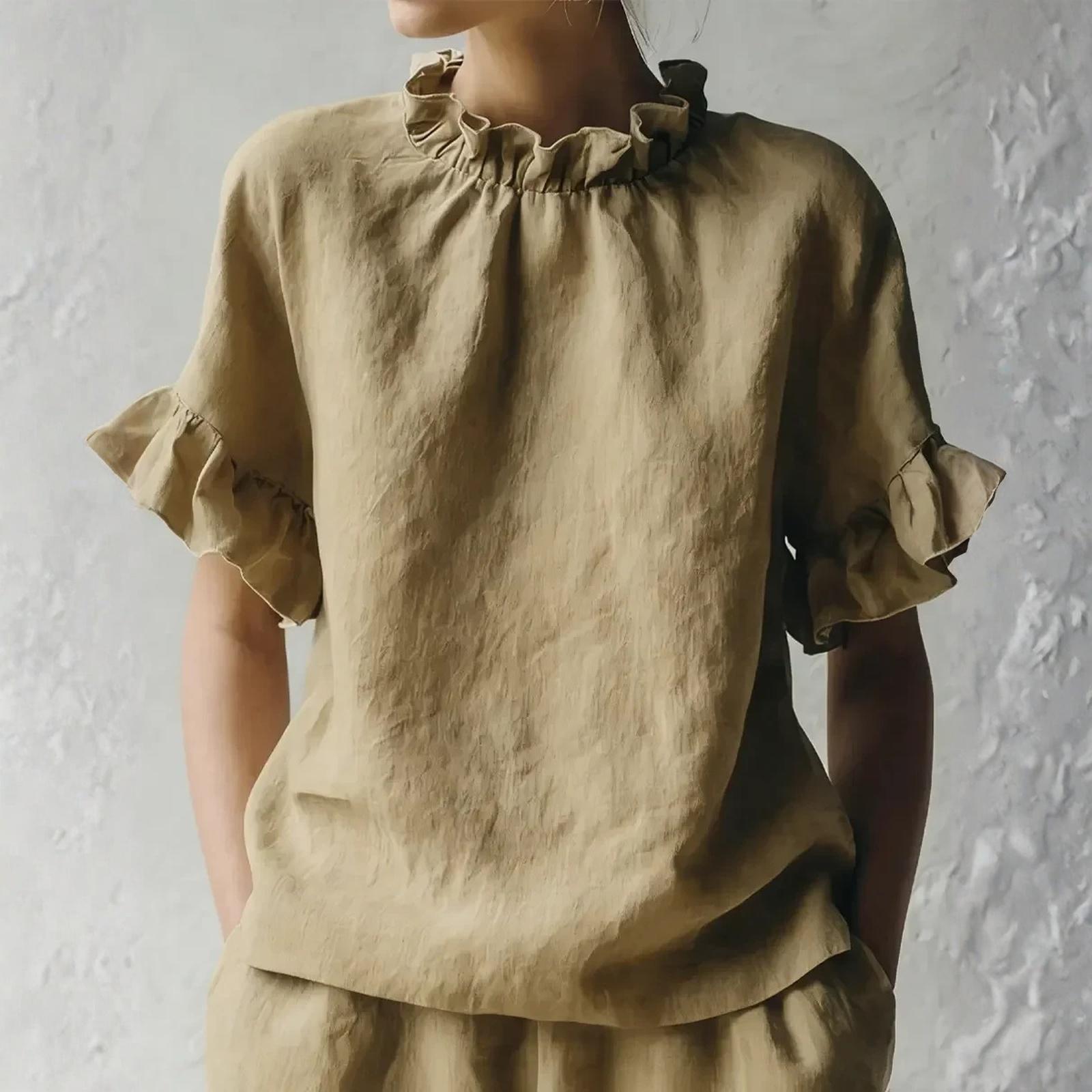 Women s Fashion  Color Casual Loose Ruffled Short-Sleeved Top L хаки