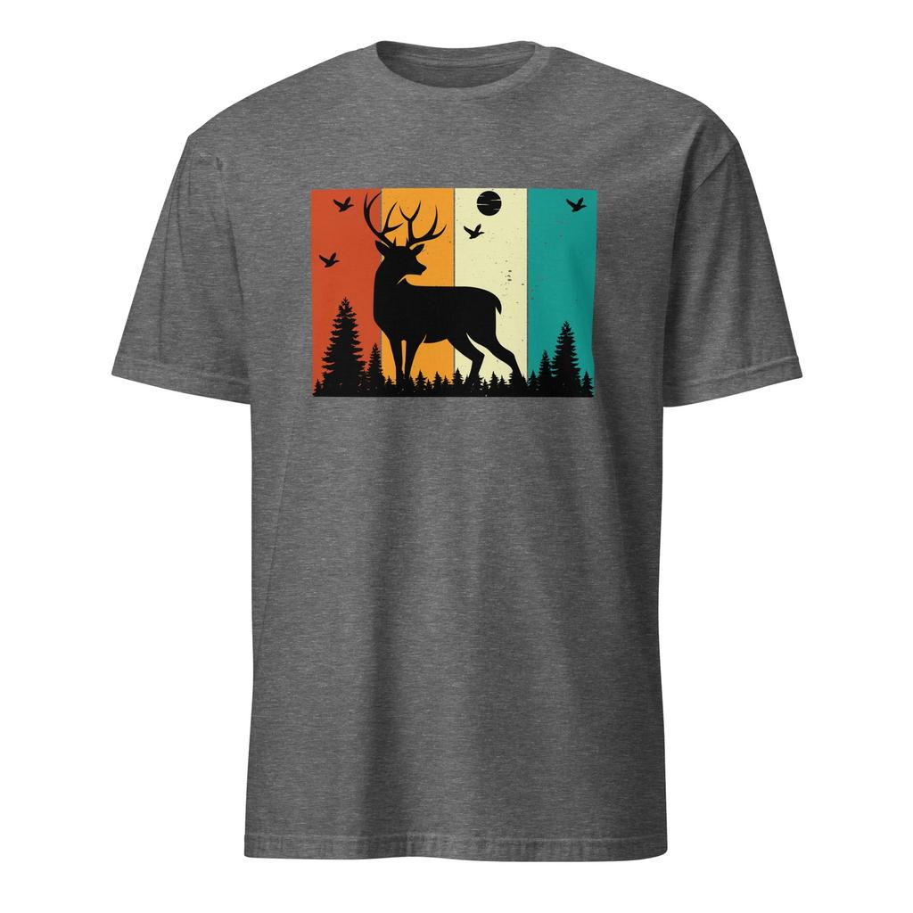 Retro Stag Unisex T-Shirt, Buck Deer Hunting Nature Forest Hiking Camping Sunset