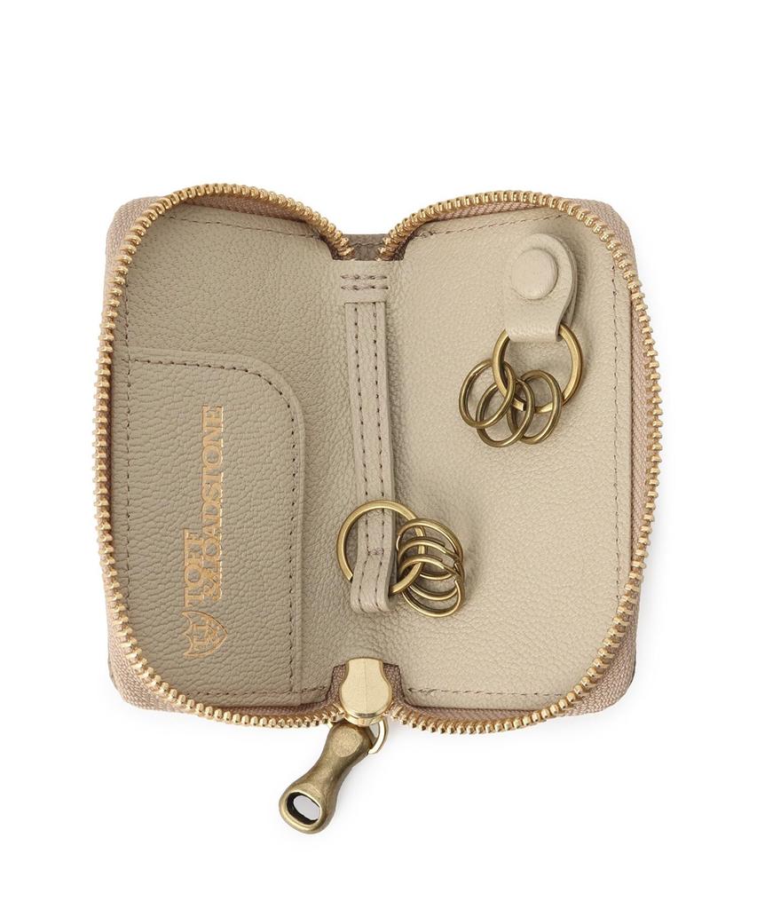 Toff & Loadstone Key Round Zip Light Shrink Key Case, Key Charm, Card Case, Cowhide Leather, One Size, Chai Beige