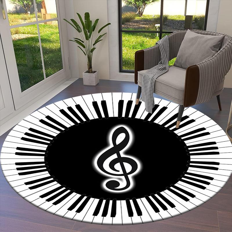 Black and white music keys Round Area Rug,Carpet Rug for Living Room Bedroom Sofa Playroom Decor,Non-slip Floor Mat