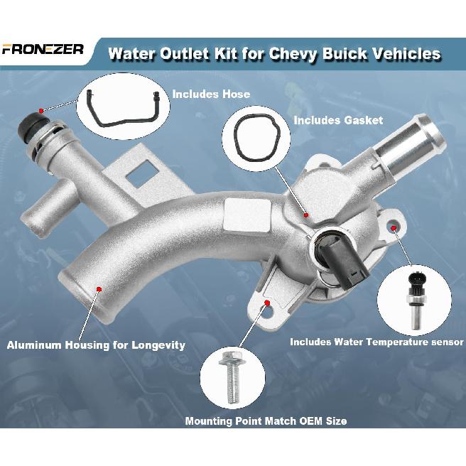 Aluminum Engine Coolant Housing Water Outlet Kit with Inlet Hose and Oil Cooler Hose Compatible with 2011-2021 Chevy Cruze Sonic Trax, Buick Encore