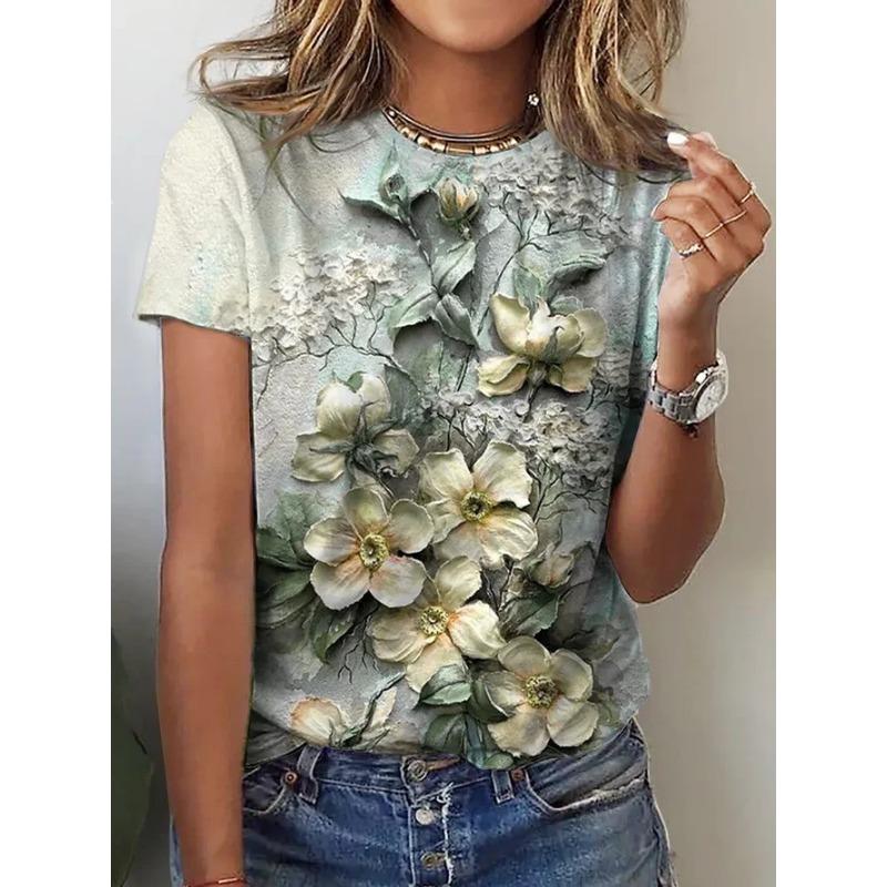 Women V Neck Floral Print Lace Patchwork Short Sleeve Casual T Shirt