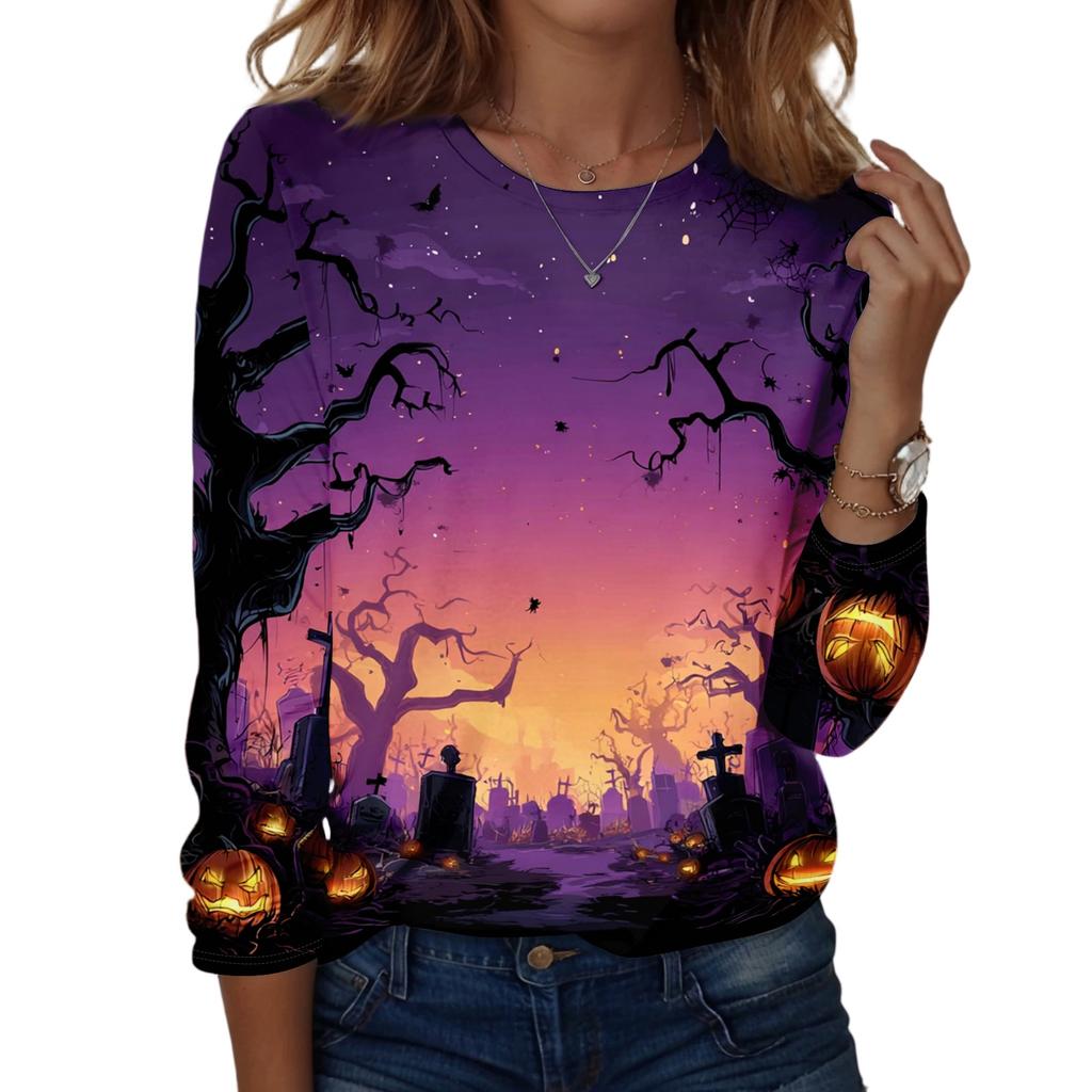 Women's Long Sleeve Casual Pullover Sweatshirt Halloween Ghost Pattern Round Neck Top Lightweight Comfortable Fit