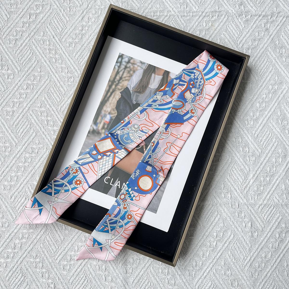 Thin and narrow silk silk scarf, summer new women s hair tie, headgear, streamer, French versatile printed professional scarf 86*5cm
