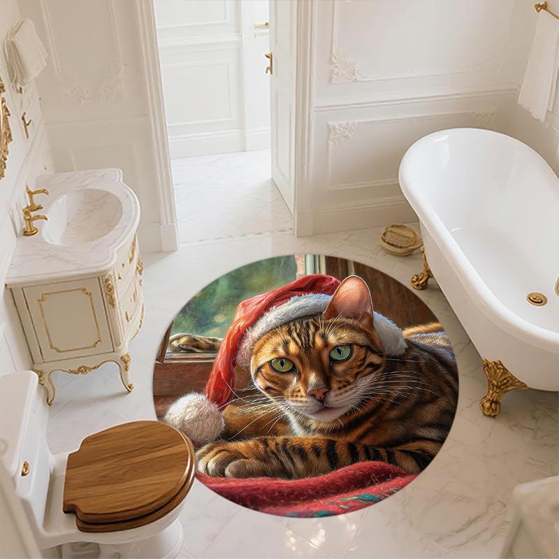 Christmas Cat pattern round rug,Carpet Rug for Living Room Bedroom Sofa Playroom Decor,Non-slip Floor Mat,Holiday Gifts and Birthday Gifts