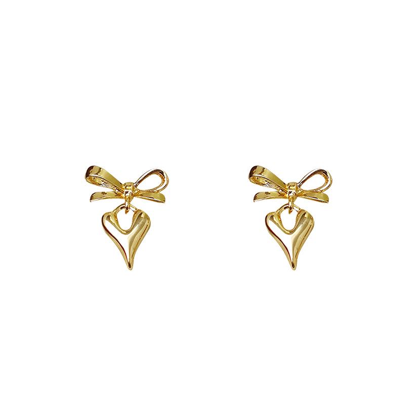 18K Gold French Bow Heart Drop Earrings - Versatile Retro Style for Women