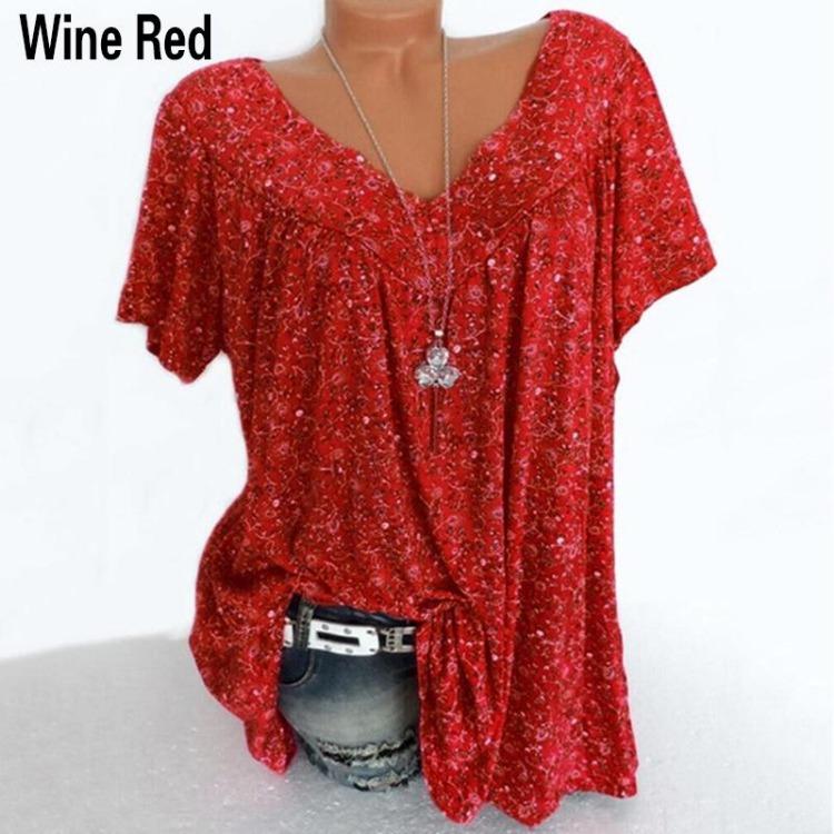 Plus Size Women Summer Casual Loose V Neck Printed Short Sleeve T Shirt Top