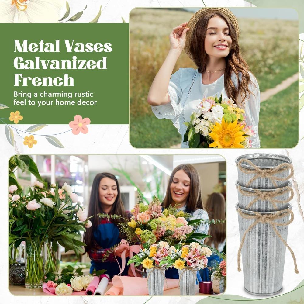 8pcs 4.33 Inch Galvanized Metal Flower Vases Bulk Small Floral Flower Bucket Rustic Vintage Farmhouse Vases for Centerpiece Country