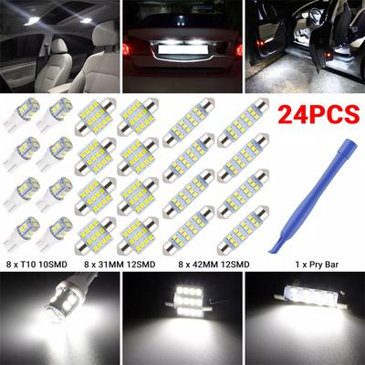 24Pcs Universal T10 Car Led Light Bulb White Car Interior Dome License Plate Festoon Map Reading Light Mixed Lamp Set