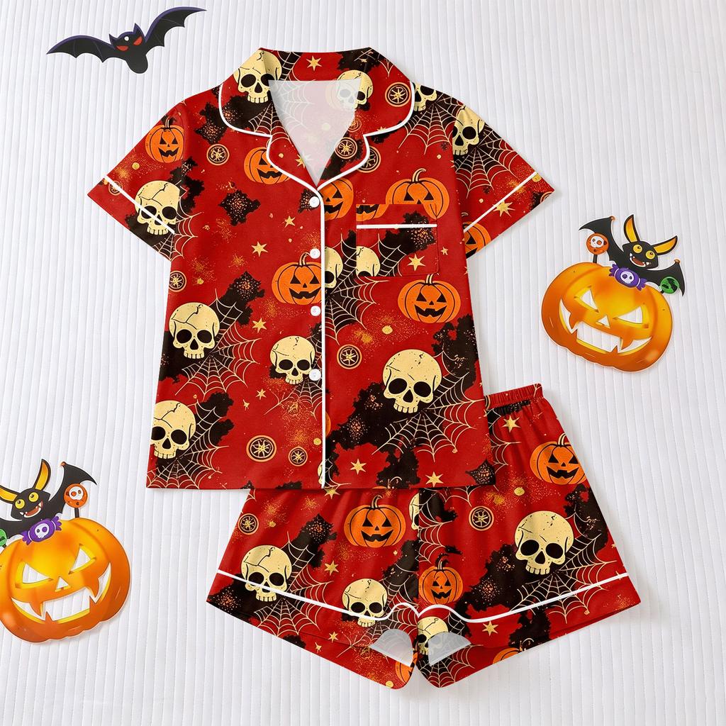 Women's Halloween Pajama Set with Short Sleeve Button Down Shirt and Shorts
