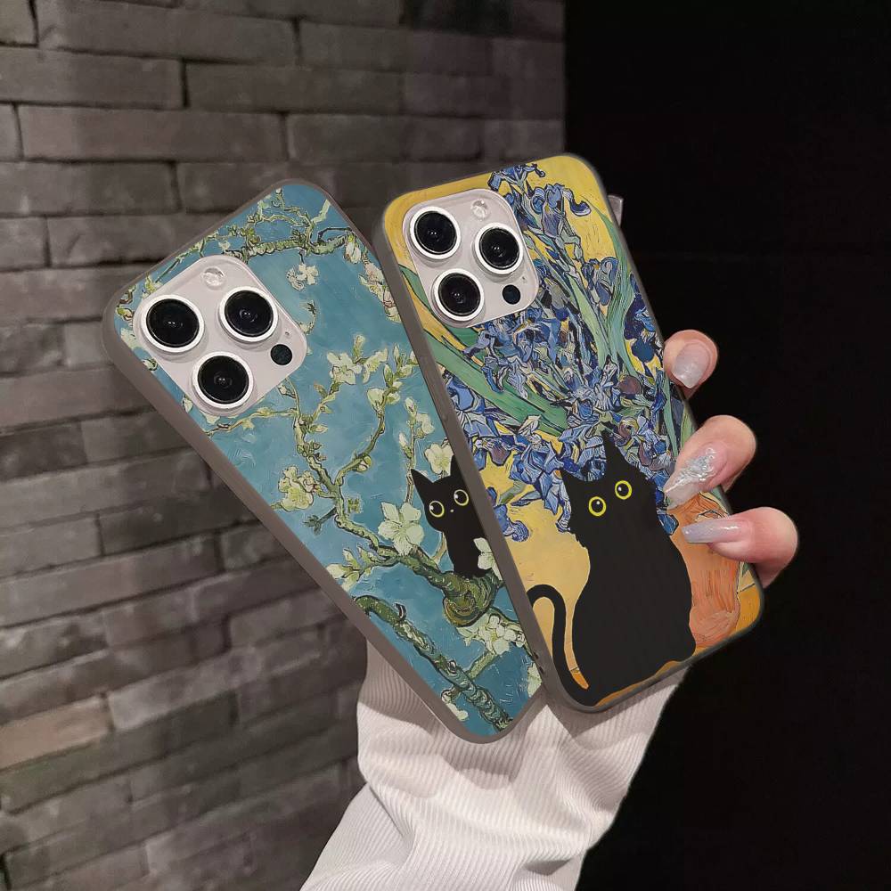 Funny Cats Van Gogh For IPhone 16 15 14 13 12 11 17 Pro Max Plus Wave Corrugated Phone Case Anti Drop Cover