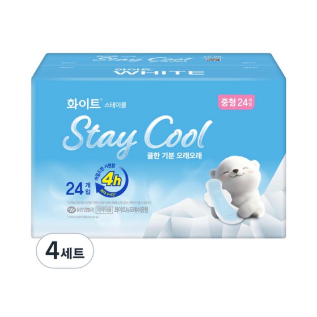 White StayCool Winged Sanitary Pads, Medium Size, 24 Pads per Pack × 4 Sets