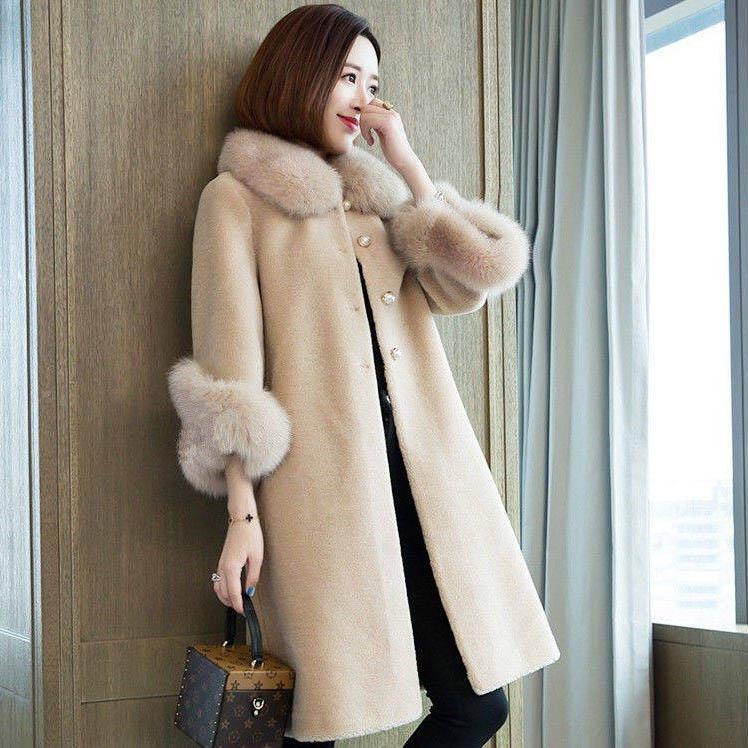 Autumn/Winter Imitation Sheep Fleece Coat Women Mid Length Imitation Fox Fur Collar Particle Velvet Imitation Fur Coat S абрикосовый