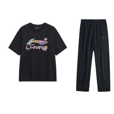 Comfortable Drop Shoulder Loose Letter Print Outdoor Short Sleeve Set Men Sets Black AKLUA73-4+AHSU745-1