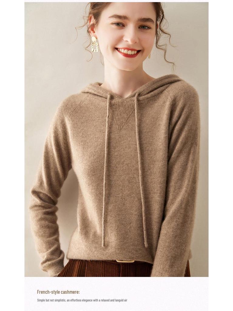 Women's Cashmere Hooded Sweater - Autumn/Winter Loose-Fit, Casual, Long-Sleeve Knit Pullover