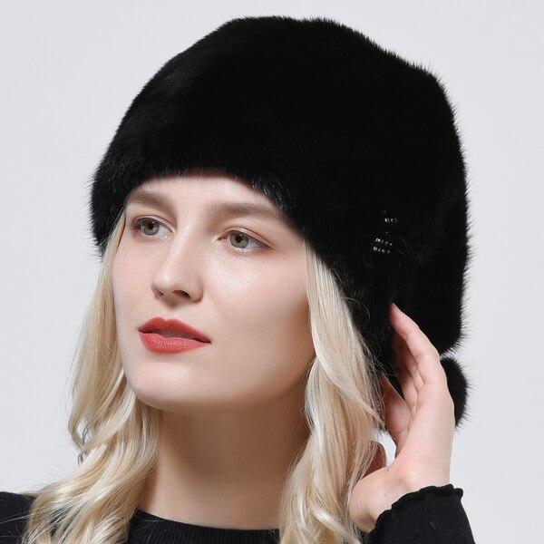 

Высококачественная шапка из натурального меха норки, роскошная женская элегантная шапка из цельной кожи, настоящая меховая шапка, шапка с 3 шариками и ромбовидным хвостом, теплые снежные шапки 55-60cm чёрный