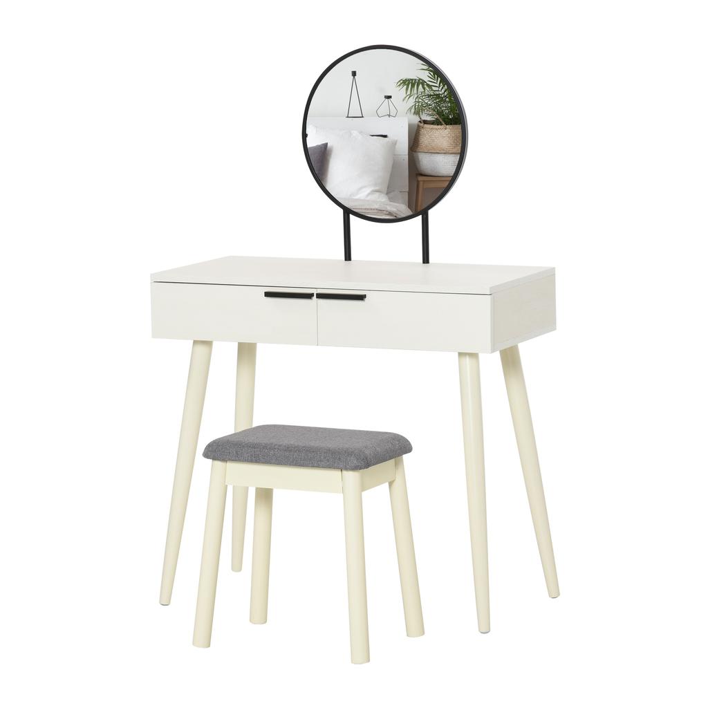 Modern Dressing Table with Round Mirror and Stool, Makeup Vanity Table with 2 Drawers for Bedroom, Living Room, 80 x 40 x 123 cm, White