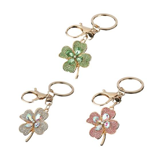 Four Leaf Clover Keychain Rhinestone Lucky Four Leaves Clover Keychain with Lobster Clasp Sparkling Good Luck Charm Gift for Women