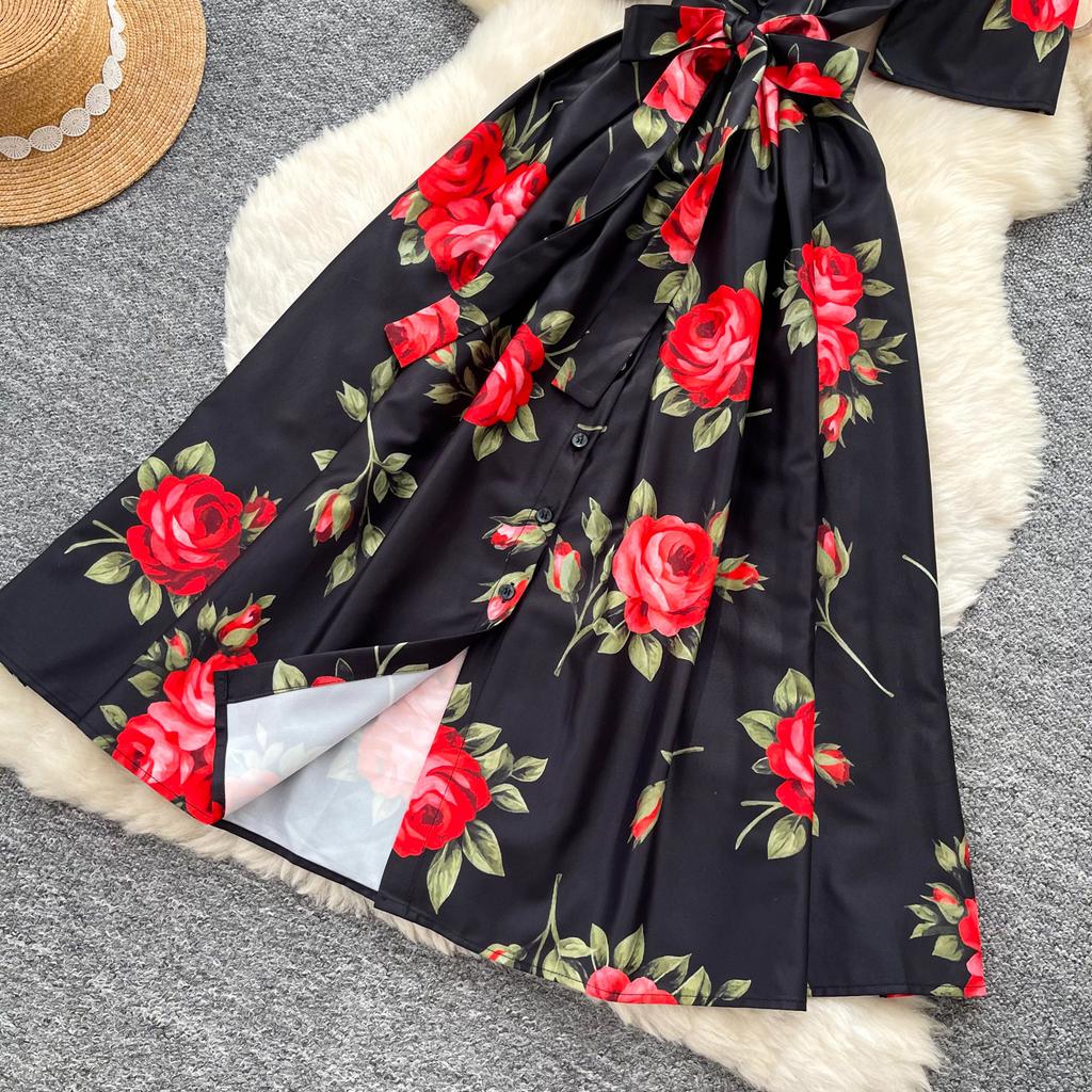 New Summer Beach Gorgeous Floral Midi Dress Shirt Women Single Breasted Belt Lace Up Short Sleeve Long Party Dresses Office Lady