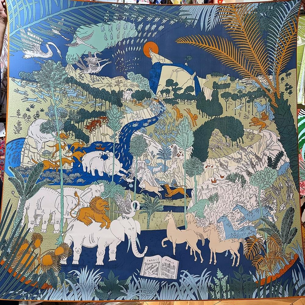 130CM Warm Silk Cashmere Scarf Women Hand Rolled Shawl Forest & Animal Printed Square Scarves Wraps Ladies Bandana Hijab Foulard