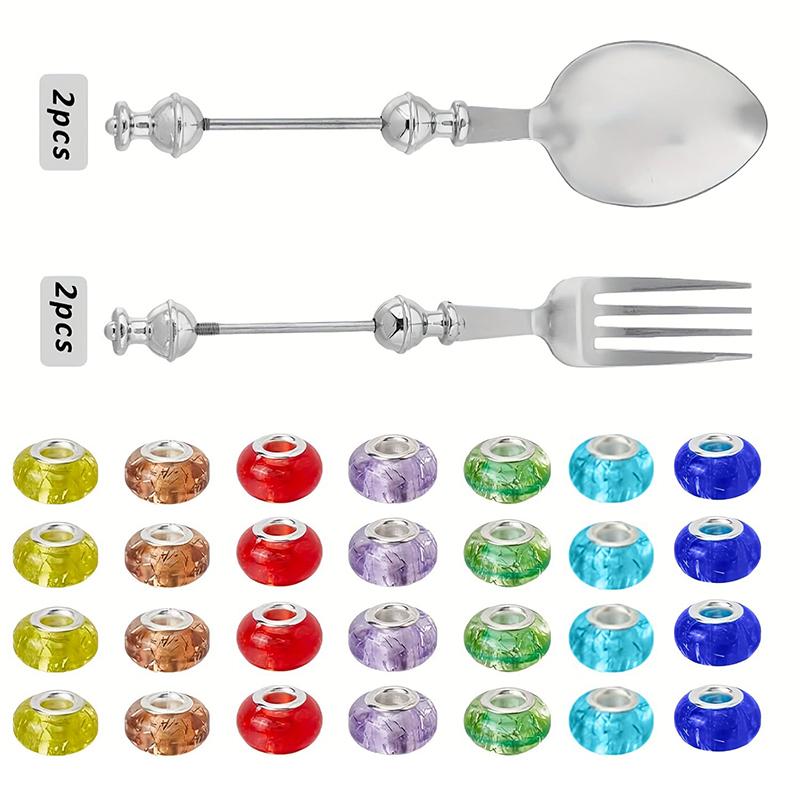 

WTEMPO 32 шт., 28 шт. цветных бусин и 2 шт. вилок и 2 шт. ложек, набор столовой посуды из бисера, аксессуары для изготовления креативной столовой посуды своими руками 32pcs серебряный