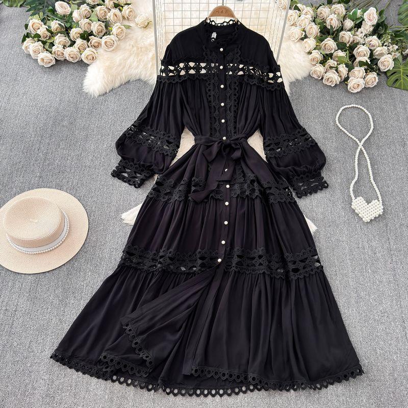 

Весна и Осень Винтажный Придворный Стиль Фонарь Длинный Рукав Воротник-стойка Приталенное Платье-миди Элегантность Официальное Платье Black M