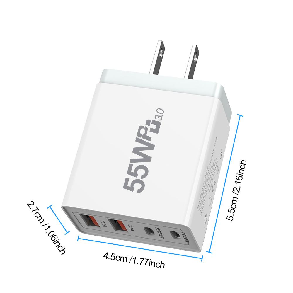 PD Quick charger 55W fast Wall charger plug For AU/EU/UK/US mobile phone charger Type-c or USB Universal Home office USB C