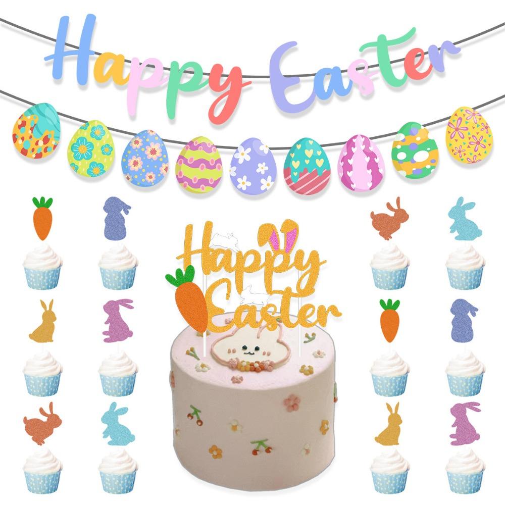 Creative Easter Party Decorations Cute Happy Easter Decor Handmade Rabbit Egg Banner  Cake Supplies