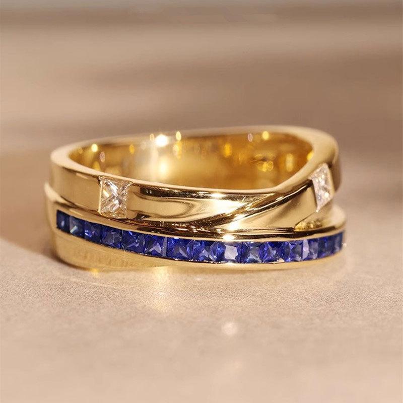 Live business style jewelry, creative double-layer design, blue diamond zircon unisex ring.