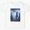 Futuristic cityscape, neon lights, dark clouds, sleek cars Kids T-Shirt