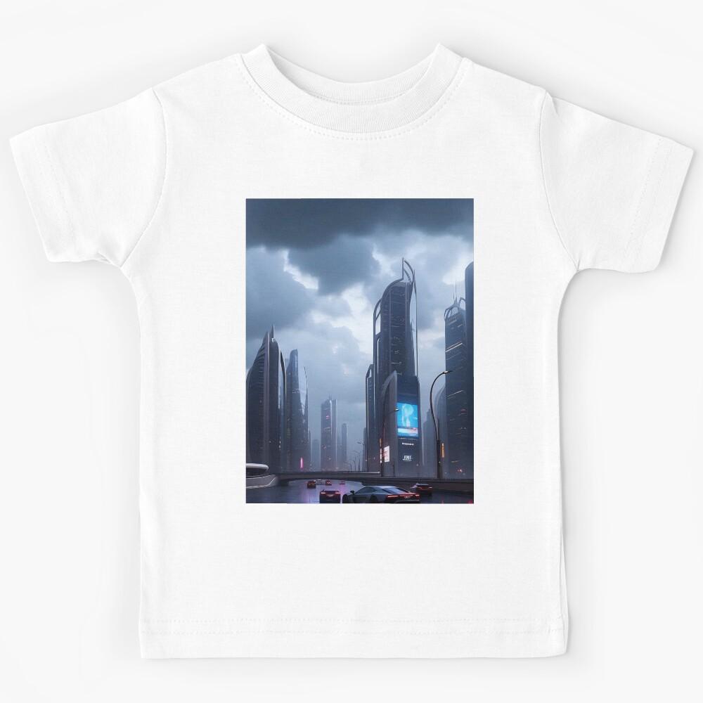 Futuristic cityscape, neon lights, dark clouds, sleek cars Kids T-Shirt 130
