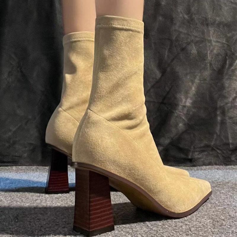 Women s 2025 French Suede Pointed Toe Ankle Boots with Chunky Heel and Elastic Fit 36