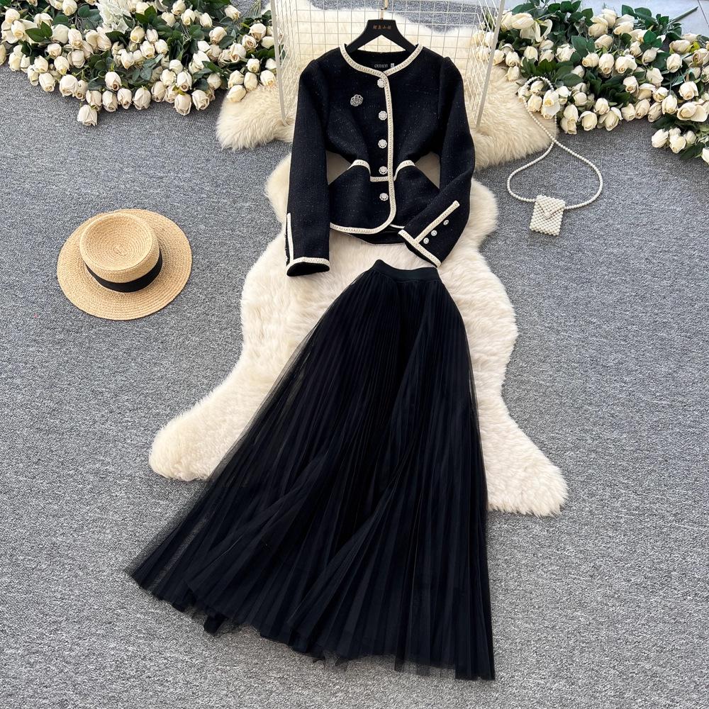 Autumn Women s High-End French Style Suit: Round Neck Blazer & Mesh Pleated Skirt L чёрный