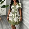 Plus Size Women Polo Collar Patchwork Puff Sleeve Casual A Line Short Mini Dress