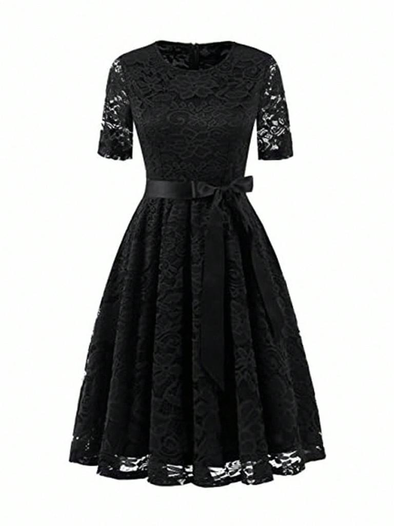 European, American spring and summer new fashion dress lace slim temperament bow dress