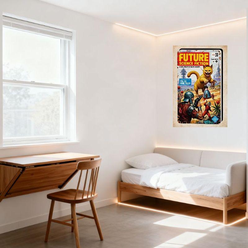 Vintage Future Science Fiction Magazine Cover Tin Sign - Menacing Yellow Cat & Alien Landscape Retro Sci-Fi Pulp Art Metal Poste