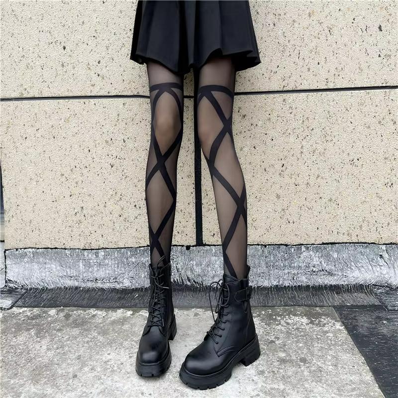 Sexy Damen-Kreuzbinde-Strumpfhose Jk-Stil Japanische Lolita Oberschenkelhohe Strümpfe Schwarz Weiß Seidenstrumpfhose Schleife Dessous One Size gray