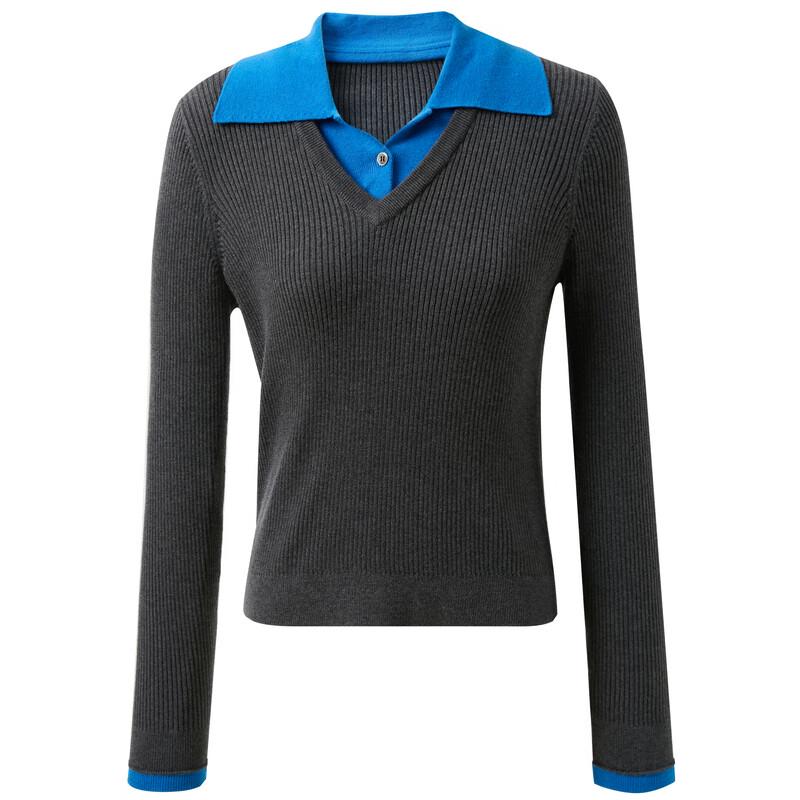 Sancai Women's 2025 Winter Faux Two-Piece Contrast Collar Knitted Pullover
