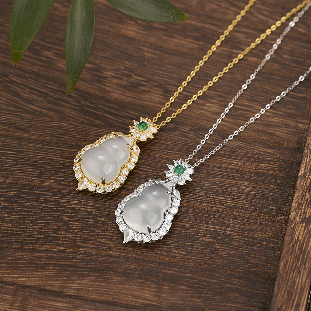 S925 Sterling Silver Natural Ice White Chalcedony Gourd Pendant Inlaid Jade Necklace Femininity Fulu Jewelry