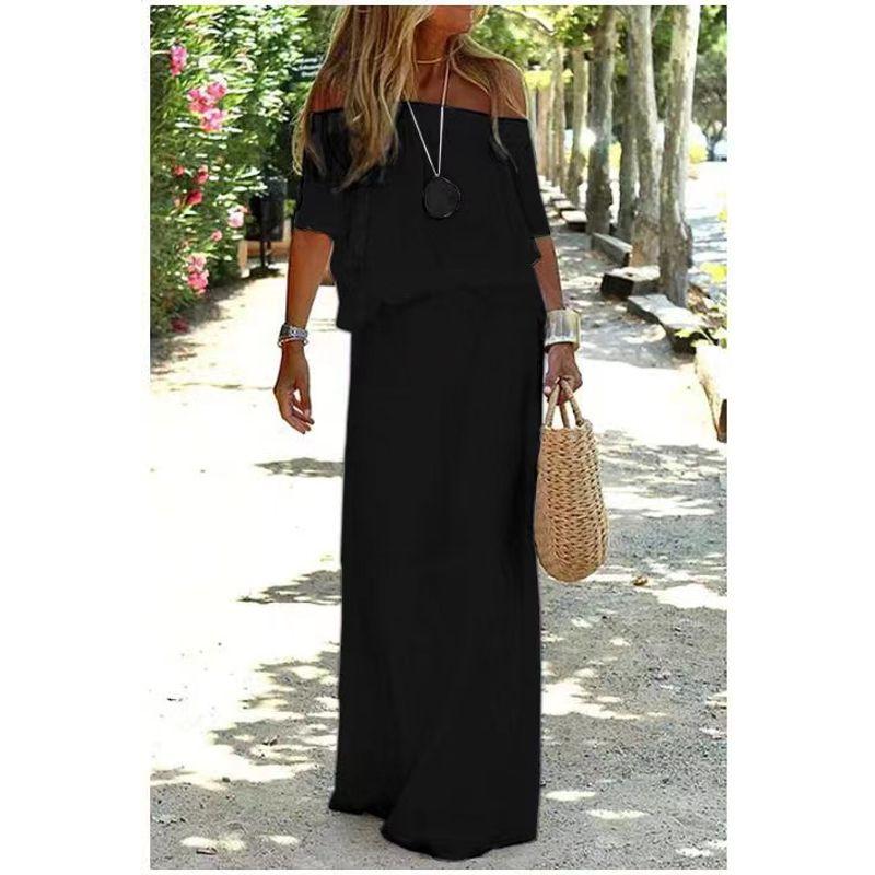 

Casual Solid Color off-Shoulder Elastic Waist Dress with Short Sleeves Black XXXL