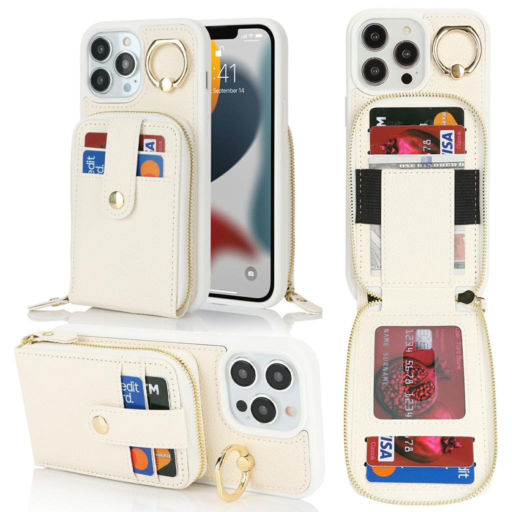 For iPhone 13 Pro Max/12 Pro Max Case with Zipper Pouch/Ring Kickstand/Strap Litchi Texture PU+TPU Phone Cover