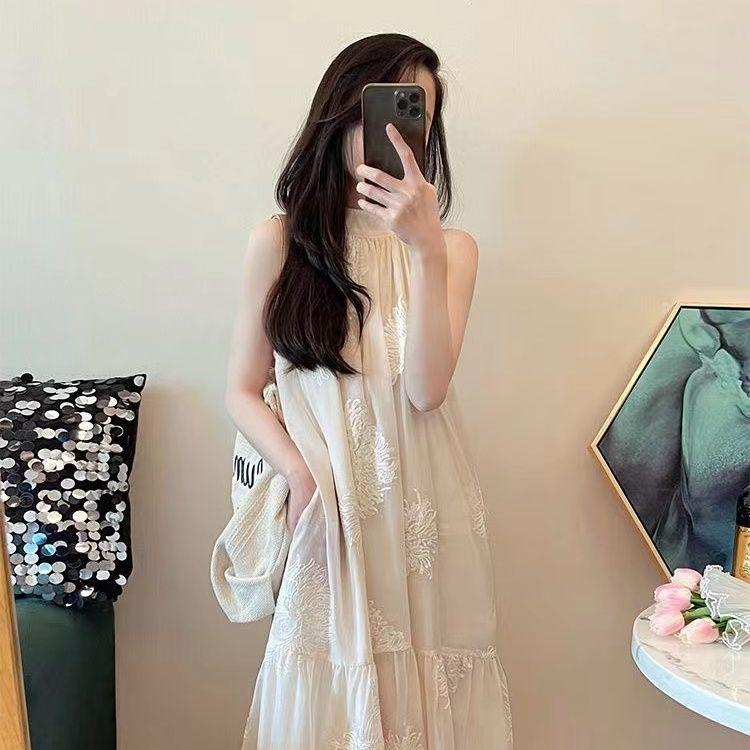 French Retro Apricot Embroidered Sleeveless Off-Shoulder Maxi Dress