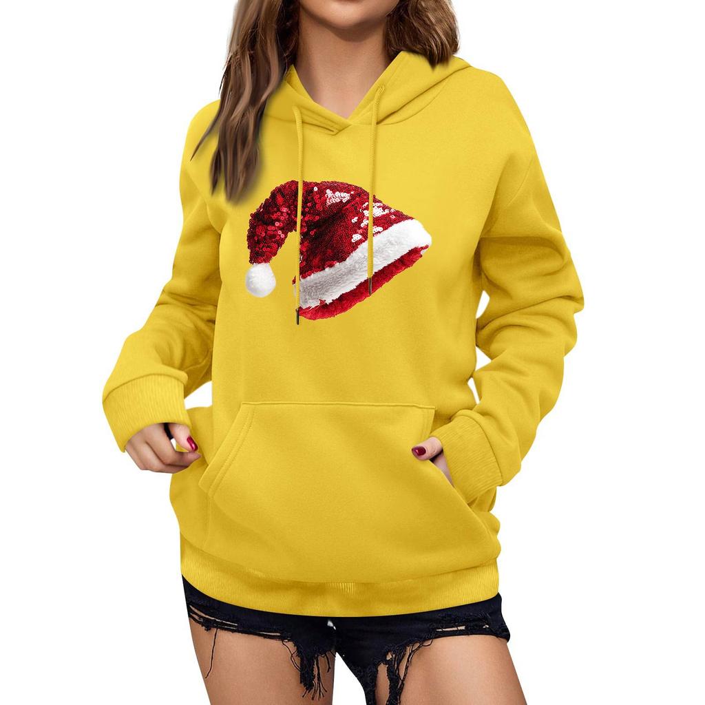 Damen Winter Weihnachten Bedruckter Pullover Kapuzenpullover Fleece Langarm Sweatshirt