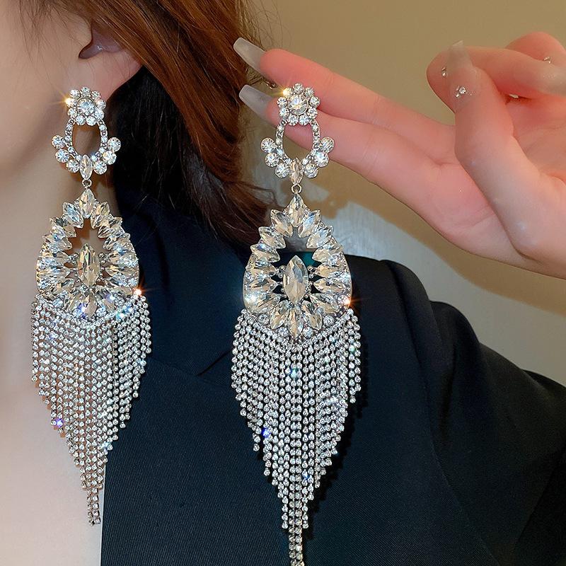Silver Needle Diamond Water Drop Tassel Earrings - Elegant Court Style, Versatile & Luxurious Design.