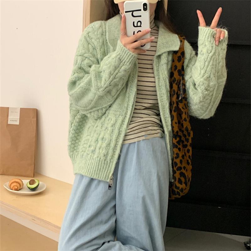 

Retro lazy wind lapel zipper knitted cardigan women s autumn and winter new loose simple sweater jacket top One Size зелёный