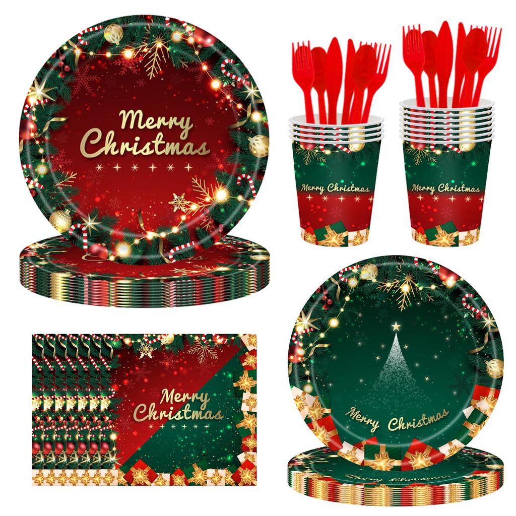 Classic Red And Green Color Scheme Christmas Themed Party Supplies Set Christmas Disposable Paper Plate Tableware Combination