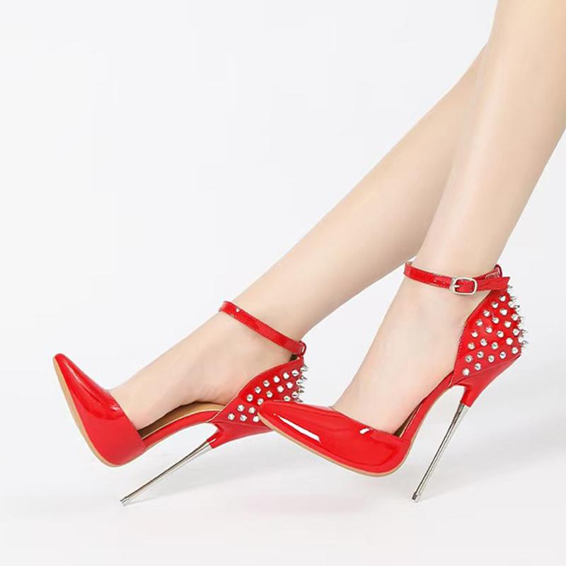 Mode Liyke Sexy Nieten Riemen Damen Pumps Schwarz Lackleder Spitze Zehen Fetisch Super Hohe Absätze Party Stripper Schuhe Größe 46