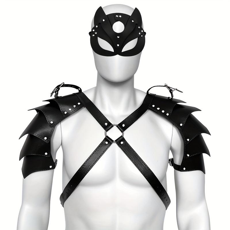 2-teiliges Set Erotische BDSM-Lederjacke für Herren, Ganzkörpergeschirr-Tücher für Schwule, Bondage-Kleidung mit doppelter Schulterpanzerung und Maske, hübsches Bühnenauftrittsset