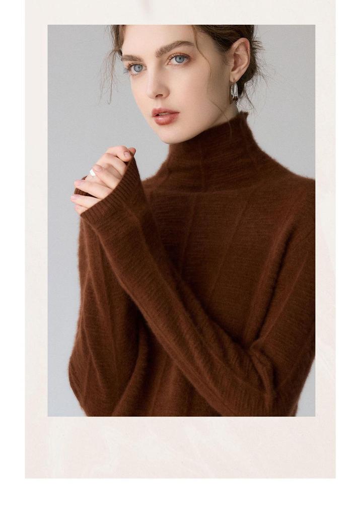 Women's High Neck Loose-Fit Cashmere Sweater - Soft, Slimming, Solid Color, Fluffy Knit Pullover Base Layer.